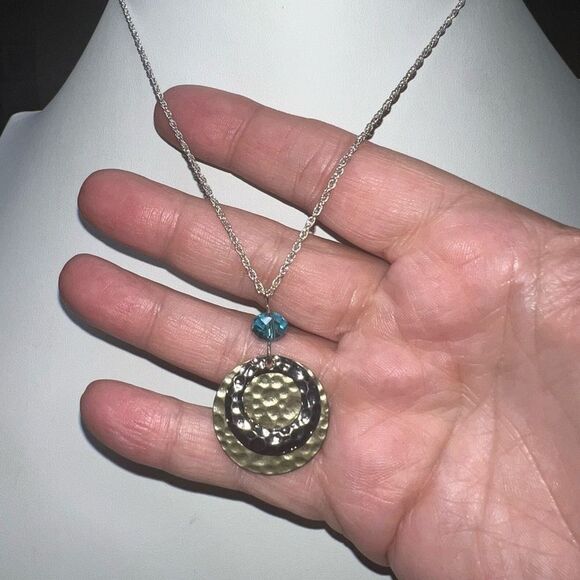 Silver and Gold Tone Hammered Disc Bead Charm Necklace - Picture 3 of 7